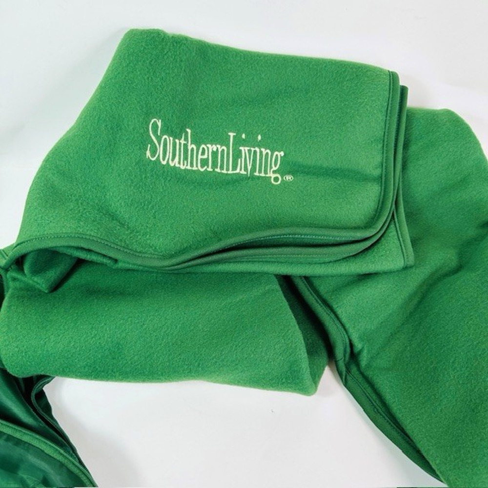 Southern Living Fleece Green Throw Blanket w/Zip Carry Case Polyester VTG